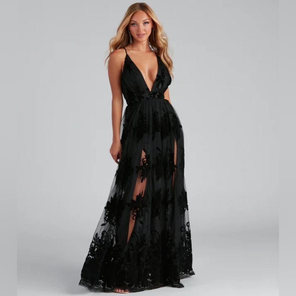Flocked Velvet Formal Dress - Plunging